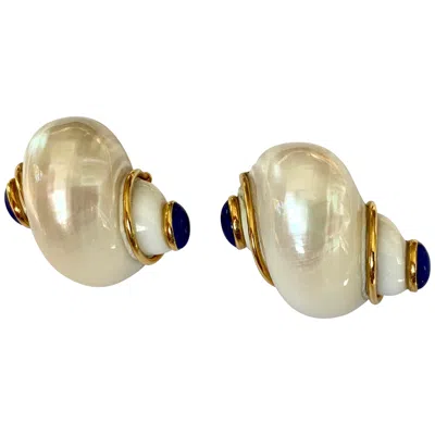 Pre-owned Seaman Schepps Turbo Shell And Lapis Lazuli Gold Earrings In Multi