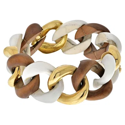 Pre-owned Seaman Schepps Wood, White Ceramic And Gold Link Bracelet