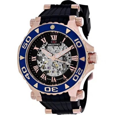 Seapro Automatic Skeleton Silicone Strap Watch In Black/ Blue/ Rose Gold