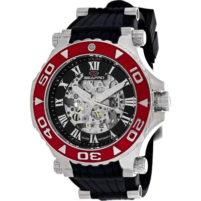 Seapro Automatic Skeleton Silicone Strap Watch In Black/ Silver/ Red
