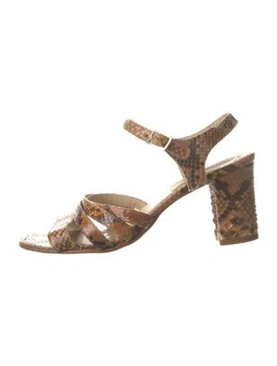 Pre-owned Searle Snakeskin Animal Print Slingback Sandals In Brown