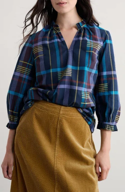Seasalt Cornwall Aggie Ruffle Plaid Split Neck Shirt In Blue