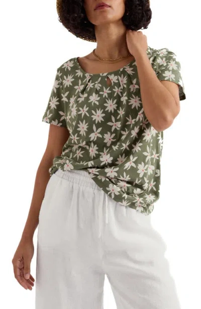 Seasalt Cornwall Appletree Floral Keyhole T-shirt In Green