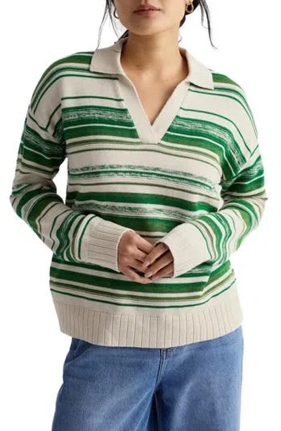 Seasalt Cornwall Bird Flight Stripe Organic Cotton Johnny Collar Sweater In Green