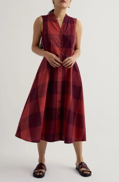 Seasalt Cornwall Carved Wood Plaid Sleeveless Organi Cotton Midi Dress In Red