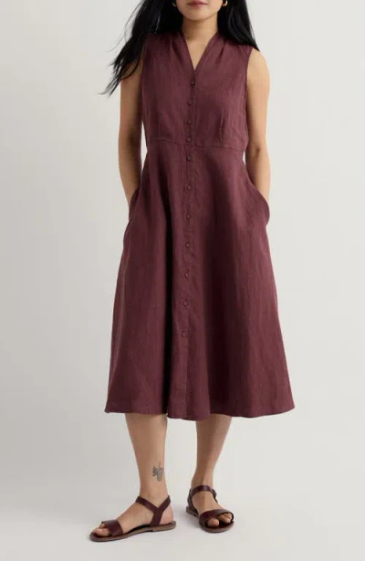 Seasalt Cornwall Carved Wood Sleeveless Linen Midi Dress In Burgundy