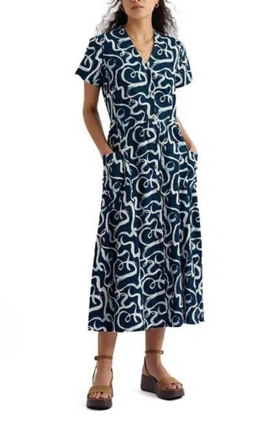 Seasalt Cornwall Fowen Print Organic Cotton Shirtdress In Ink Strokes Maritime
