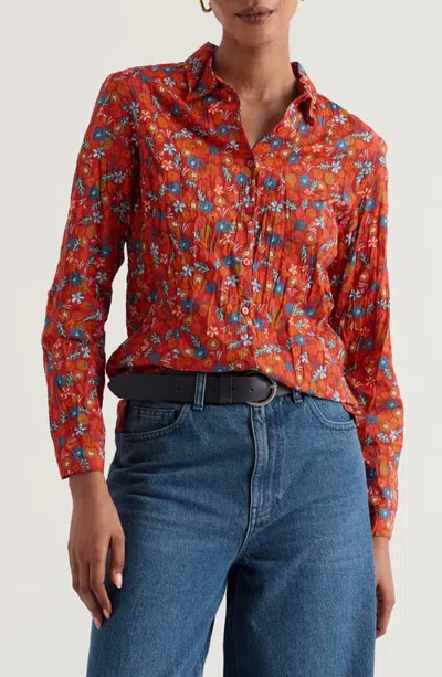 Seasalt Cornwall Larissa Floral Crinkled Organic Cotton Button-up Shirt In Tomato Blooms Cinnam