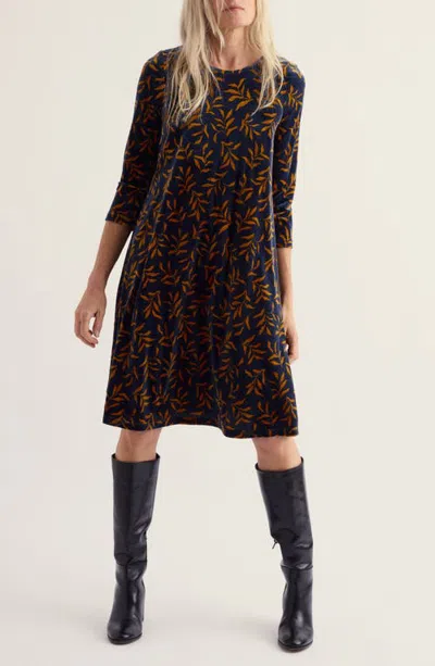 Seasalt Cornwall Mahonia Print Stretch Velvet Shift Dress In Winter Leaf Maritime
