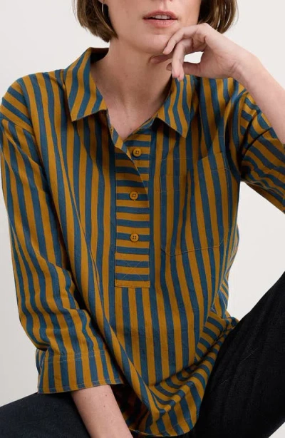 Seasalt Cornwall Oak Leaf Stripe Organic Cotton Half Placket Shirt In Blue