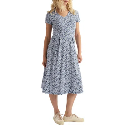 Seasalt Cornwall Pier View Floral Print Flare Stretch Organic Cotton Dress In Blue