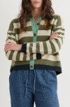 Seasalt Cornwall Pinwell Stripe Lambswool Blend Cardigan In Green