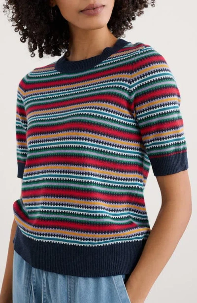 Seasalt Cornwall Rock Bell Stripe Short Sleeve Organic Cotton Crewneck Sweater In Knit Zig Zag Clover Maritime