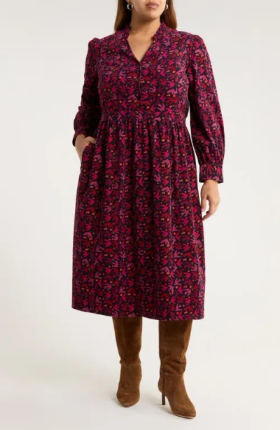 Seasalt Cornwall Rose Cottage Floral Long Sleeve Corduroy Midi Dress In Brown