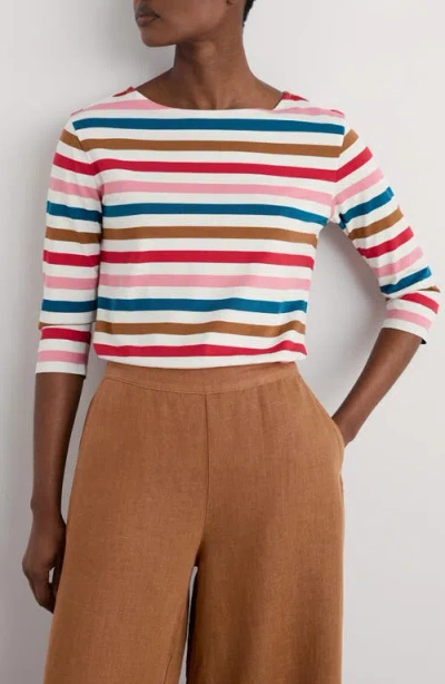 Seasalt Cornwall Sailor Stripe Three Quarter Sleeve Organic Cotton T-shirt In Quad Scallion Pink Sky