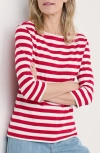 Seasalt Cornwall Sailor Stripe Three Quarter Sleeve Organic Cotton T-shirt In Scallion Scarlet