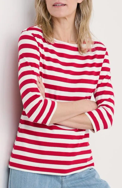 Seasalt Cornwall Sailor Stripe Three Quarter Sleeve Organic Cotton T-shirt In Scallion Scarlet
