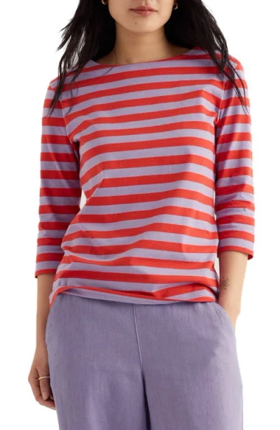 Seasalt Cornwall Sailor Stripe Three Quarter Sleeve Organic Cotton T-shirt In Purple