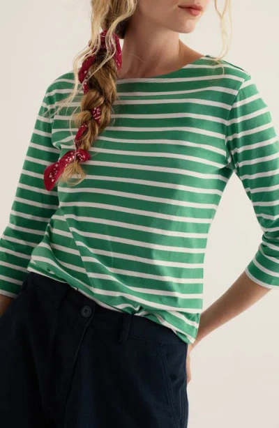 Seasalt Cornwall Sailor Stripe Three Quarter Sleeve Organic Cotton T-shirt In Green