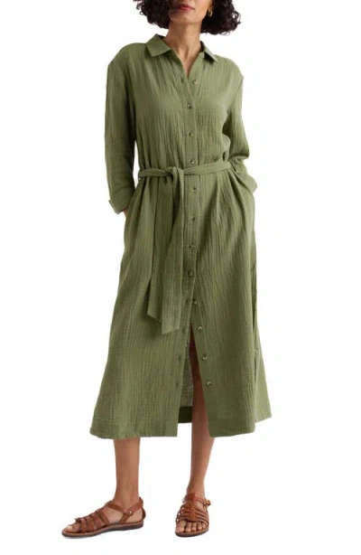 Seasalt Cornwall Whitsand Cove Long Sleeve Organic Cotton Gauze Shirtdress In Green