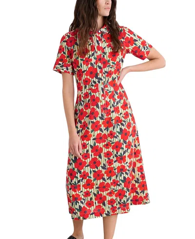 Seasalt Cornwall Birch Glade Floral Organic Cotton Midi Shirtdress In Red