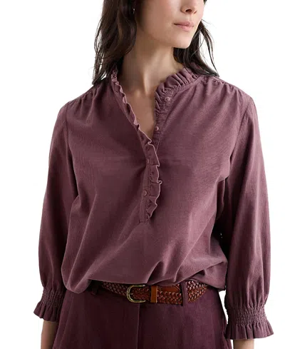 Seasalt Cornwall Feather Star Ruffle Corduroy Top In Burgundy