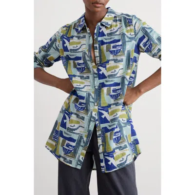 Seasalt Cornwall Wren Abstract Print Cotton Blend Button-up Shirt In Blue