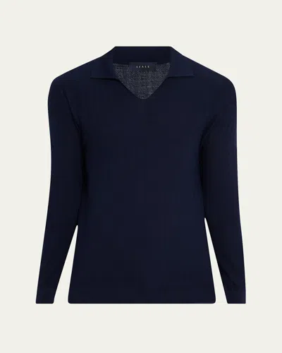 Sease Men's Herringbone Johnny-collar Polo Sweater In Midnight Blue