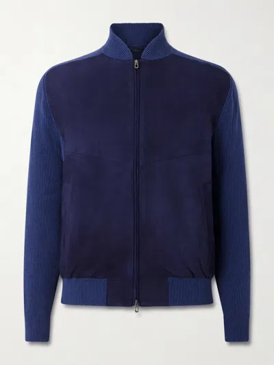 Sease Suede And Ribbed Cotton And Cashmere-blend Bomber Jacket In Blue