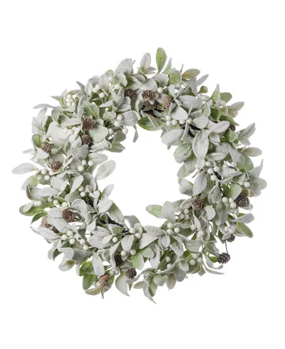 Seasonal 24" Snowy Lambs Ear And Holly Berry Wreath In Green