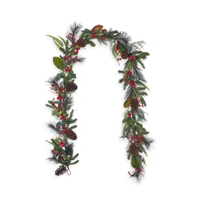 Seasonal Llc Magnolia Leaf, Eucalyptus & Berry 9' Garland With Fairy Lights In Green