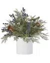 Seasonal Llc Mixed Mica Foliage With Blueberries & Harmony Bells 19in Arrangement In Ceramic Pot In Green