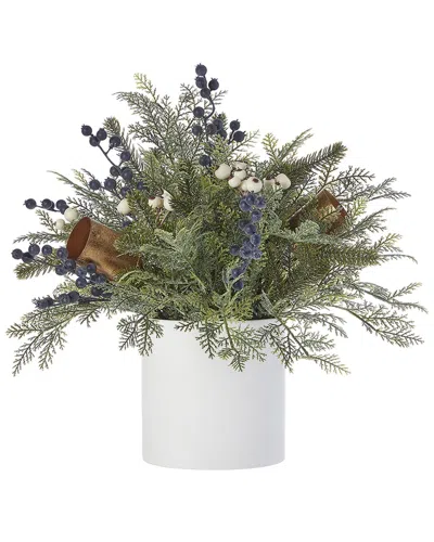 Seasonal Llc Mixed Mica Foliage With Blueberries & Harmony Bells 19in Arrangement In Ceramic Pot In Green