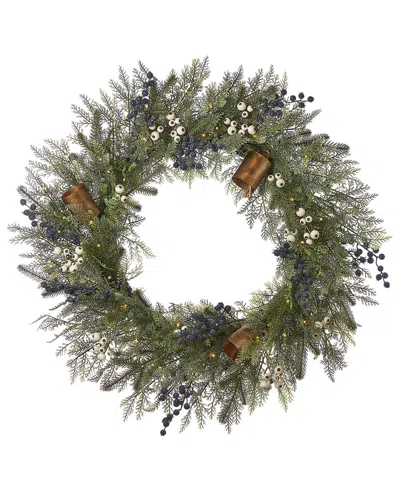 Seasonal Llc Mixed Mica Foliage With Blueberries & Harmony Bells 30in Wreath, Pre-lit In Green