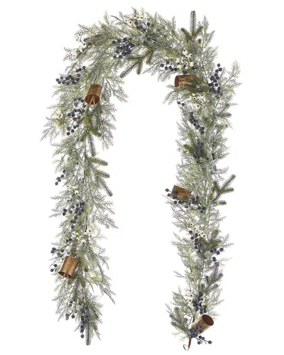 Seasonal Llc Mixed Mica Foliage With Blueberries & Harmony Bells 9ft Garland, Pre-lit In Green