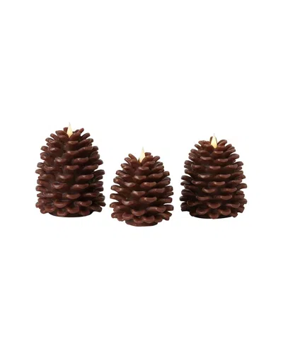 Seasonal Llc Set Of 3 Pinecone Flameless Candles In Brown
