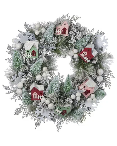 Seasonal Llc Snowy Cottage Wreath 26in Pre-lit In Green
