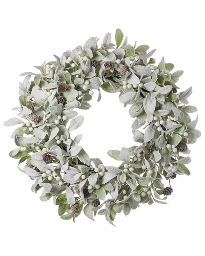 Seasonal Llc Snowy Lambs Ear & Holly Berry 24in Wreath In Green