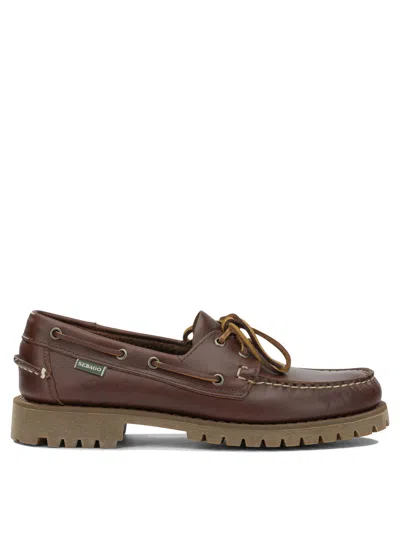Sebago Brown Leather Textured Tread Boat Loafers In Black