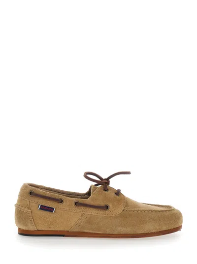 Sebago Suede Boat Loafer With Leather Laces And Classic Sole In Beige