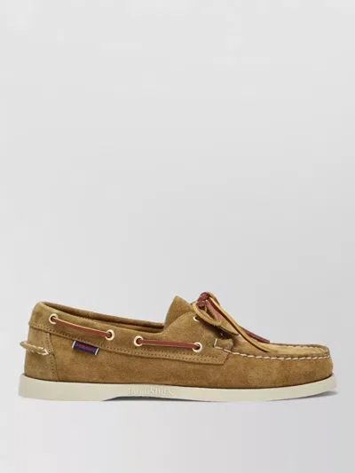 Sebago Suede Boat Shoes Rubber Sole Eyelets Stitch In Brown