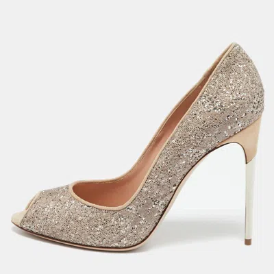 Sebastian Beige/silver Lace And Glitter Peep Toe Pumps In Burgundy