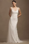 Sébastien Luke Ines Asymmetric Ruched Tulle Overlay Crepe Fit & Flare Wedding Gown