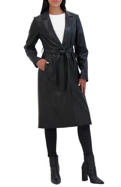 Sebby Belted Longline Faux Leather Trench Coat In Black