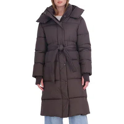 Sebby Belted Water Resistant Puffer Coat In Brown