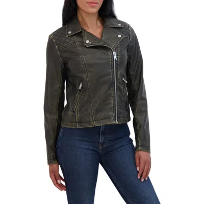 Sebby Distressed Faux Leather Moto Jacket In Brown