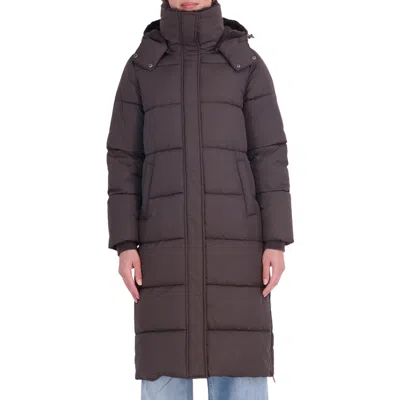 Sebby Faux Fur Lined Long Puffer Parka With Hood In Brown