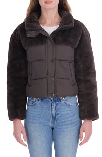 Sebby Faux Fur Mixed Media Puffer Jacket In Brown