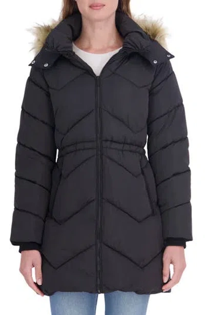 Sebby Faux Fur Trim Water Resistant Puffer Parka In Black