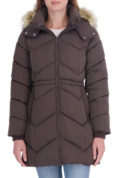 Sebby Faux Fur Trim Water Resistant Puffer Parka In Brown